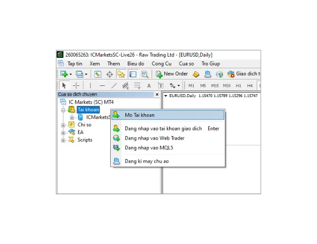 Trong bảng điều khiển Cẩm nang MT4, nhấp chuột phải vào 'Tài khoản', và chọn 'Mở Tài khoản' để quét tìm máy chủ.