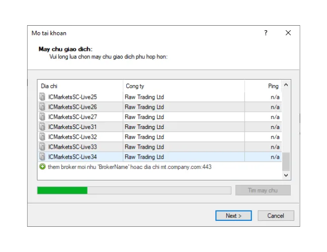 Trong cửa sổ 'Mở tài khoản' của MT4, nhập thủ công tên nhà môi giới và nhấp vào 'Tìm máy chủ' để tìm danh sách máy chủ mới.
