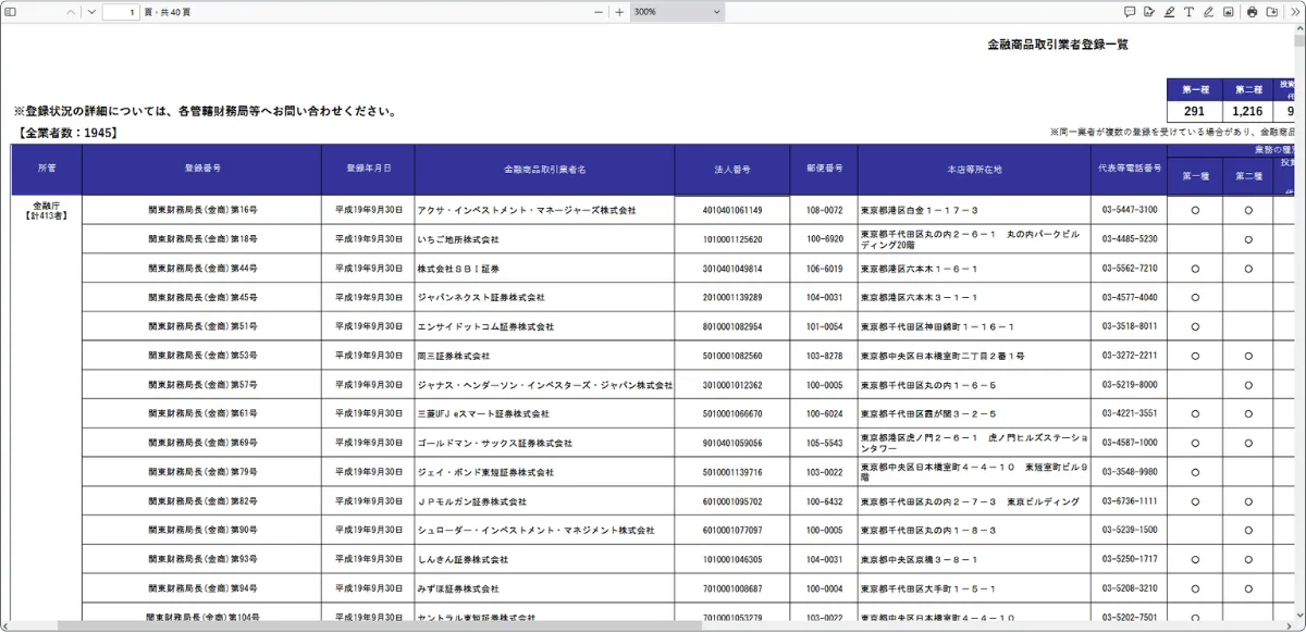 JFSA resmi düzenleme sicili PDF dosyasını açtıktan sonraki örnek ekran