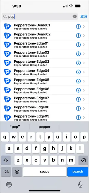 在搜索框输入经纪商服务器名称 (如 Pepperstone-Edge01) 并点选正确的结果。