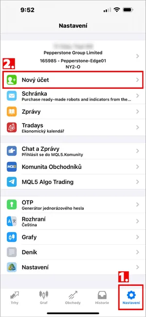 Klikněte na „Nastavení“ v pravém dolním rohu MT4 iOS a poté vyberte „Nový účet“.