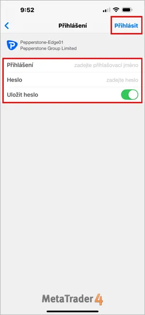 Zadejte své MT4 přihlašovací jméno a heslo, poté klikněte na tlačítko „Přihlásit“ vpravo nahoře.