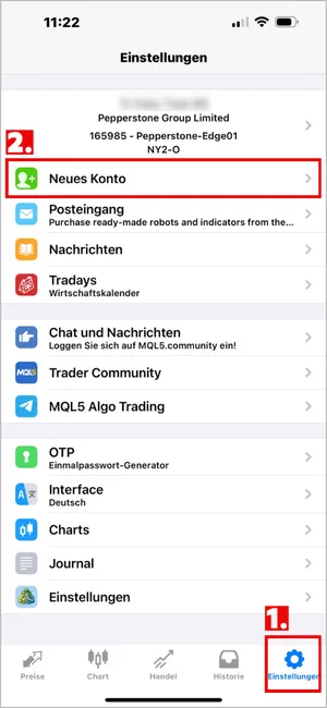 Klicken Sie unten rechts in MT4 iOS auf Einstellungen und wählen Sie dann Neues Konto.