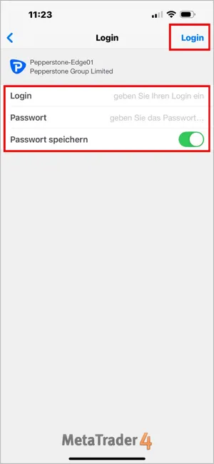 Geben Sie Ihren MT4-Login und Ihr Passwort ein und klicken Sie oben rechts auf die Schaltfläche Login.
