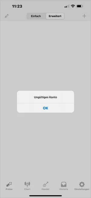 MT4 iOS zeigt Ungültiges Konto an, meist aufgrund eines falschen Passworts oder einer falschen Serverauswahl.
