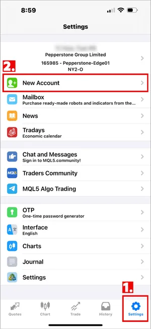 Click Settings at the bottom right of MT4 iOS, then select New Account.