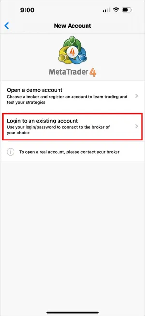 Select Login to an existing account to log in with your broker credentials.