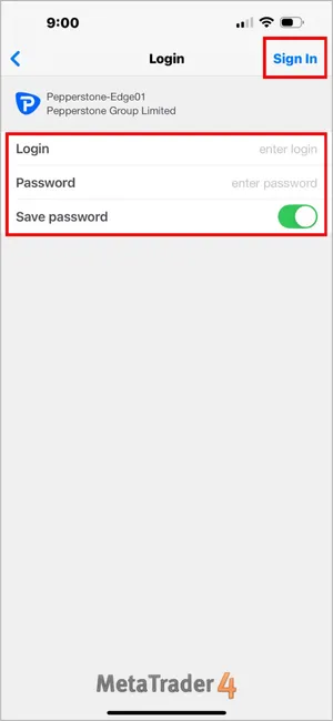 Enter your MT4 login and password, then click the Sign In button at the top right.