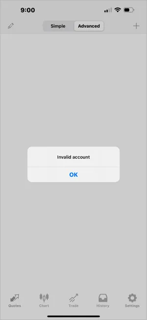 MT4 iOS showing Invalid account, usually due to wrong password or server selection.