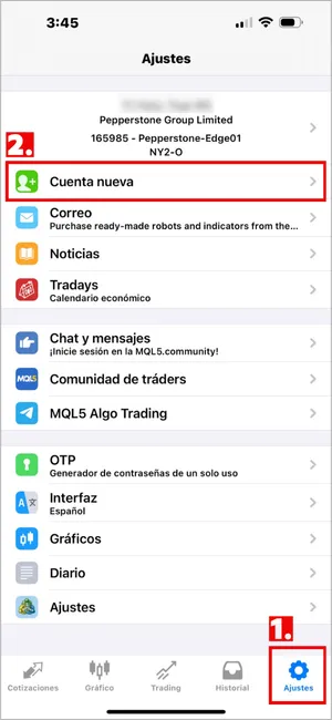 Haga clic en Ajustes en la parte inferior derecha de MT4 iOS, luego seleccione Cuenta nueva.