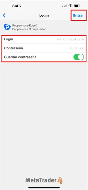 Introduzca su Login y Contraseña de MT4, luego haga clic en el botón Entrar en la parte superior derecha.
