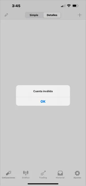 MT4 iOS muestra Cuenta inválida, generalmente debido a una contraseña incorrecta o una selección de servidor errónea.