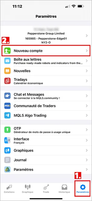 Cliquez sur Paramètres en bas à droite de MT4 iOS, puis sélectionnez Nouveau compte.