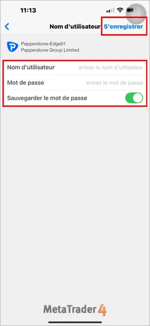 Entrez votre Nom d'utilisateur et Mot de passe MT4, puis cliquez sur le bouton S'enregistrer en haut à droite.