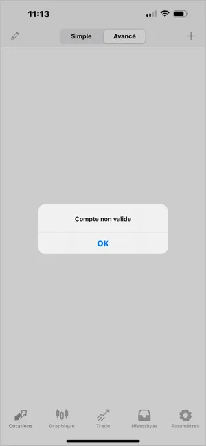 MT4 iOS affiche Compte non valide, généralement dû à un mauvais mot de passe ou une mauvaise sélection de serveur.
