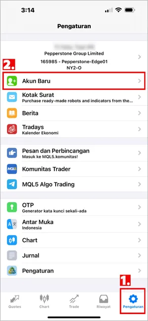 Klik Pengaturan di kanan bawah MT4 iOS, lalu pilih Akun Baru.