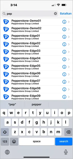 Masukkan nama server broker (mis. Pepperstone-Edge01) di kotak pencarian dan pilih hasil yang benar.