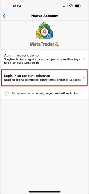 Seleziona Login in un account esistente per accedere con le credenziali del tuo broker.