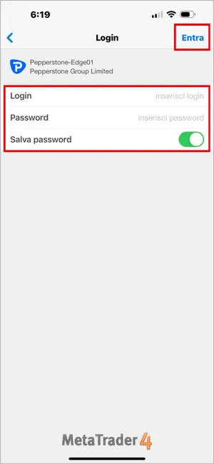 Inserisci il tuo Login e Password MT4, poi clicca sul pulsante Entra in alto a destra.