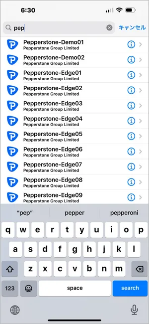 検索ボックスにブローカーのサーバー名（例：Pepperstone-Edge01）を入力し、正しい結果を選択します。