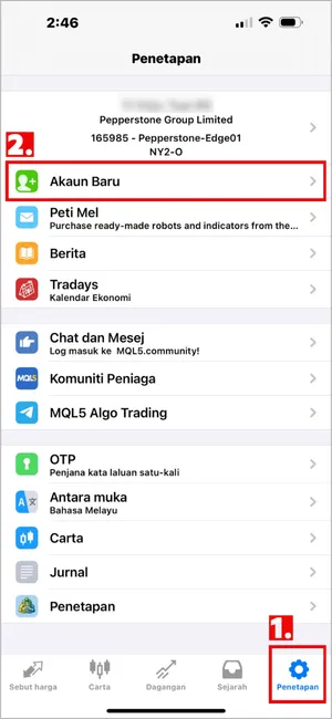 Klik Penetapan di bahagian bawah kanan MT4 iOS, kemudian pilih Akaun Baru.