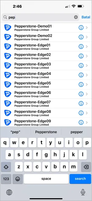 Masukkan nama pelayan broker (cth. Pepperstone-Edge01) dalam kotak carian dan pilih hasil yang betul.