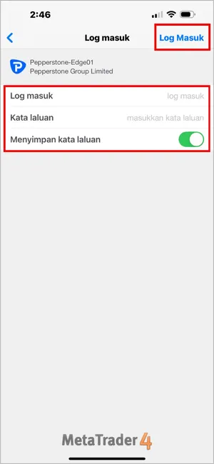 Masukkan Log masuk dan Kata laluan MT4 anda, kemudian klik butang Log Masuk di bahagian atas kanan.