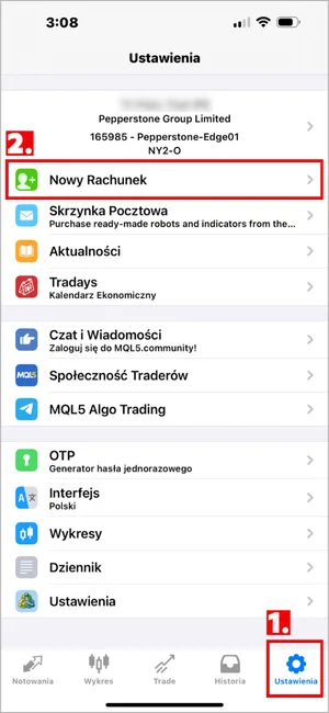 Kliknij Ustawienia w prawym dolnym rogu MT4 iOS, a następnie wybierz Nowy Rachunek.