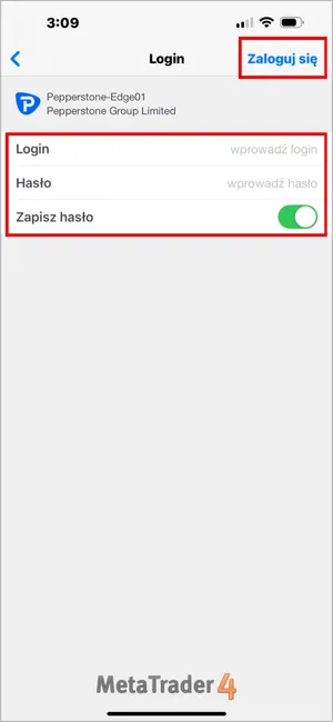 Wpisz swój Login i Hasło do MT4, a następnie kliknij przycisk Zaloguj się w prawym górnym rogu.