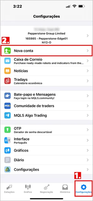 Clique em Configurações no canto inferior direito do MT4 iOS e selecione Nova conta.