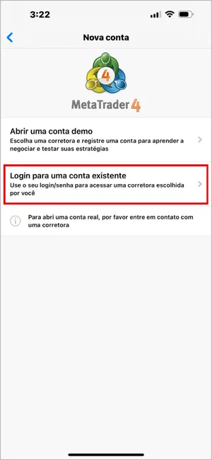 Selecione Login para uma conta existente para entrar com as credenciais da sua corretora.
