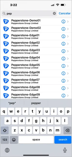 Digite o nome do servidor da corretora (ex: Pepperstone-Edge01) na barra de pesquisa e selecione o resultado correto.