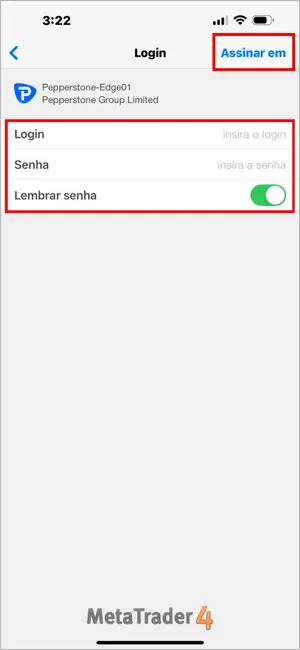 Insira seu Login e Senha do MT4 e clique no botão Assinar em no canto superior direito.