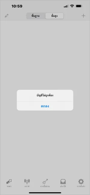 MT4 iOS แสดงข้อความ บัญชีไม่ถูกต้อง ซึ่งมักเกิดจากรหัสผ่านผิดหรือเลือกเซิร์ฟเวอร์ผิด