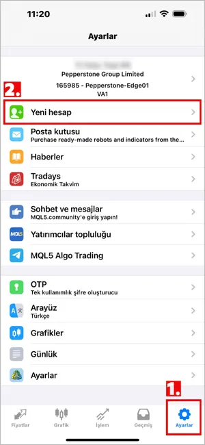 MT4 iOS sağ alttaki Ayarlar'a tıklayın, ardından Yeni hesap'ı seçin.