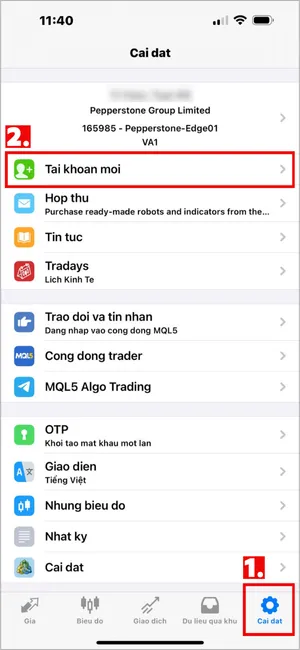Nhấn vào Cài đặt ở góc dưới bên phải MT4 iOS, sau đó chọn Tài khoản mới.