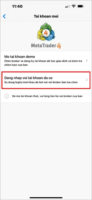 Chọn Đăng nhập với tài khoản đã có để đăng nhập bằng thông tin từ broker.