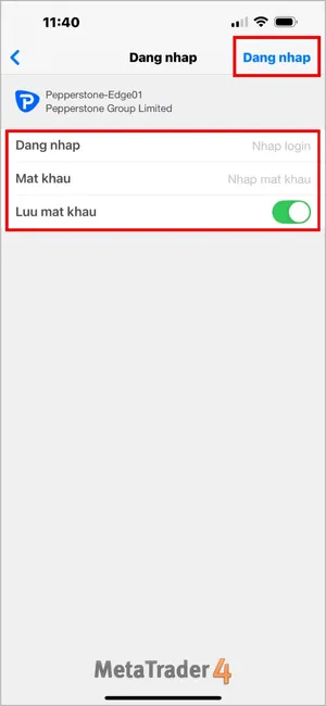 Nhập tài khoản và mật khẩu MT4 của bạn, sau đó nhấn nút Đăng nhập ở góc trên bên phải.