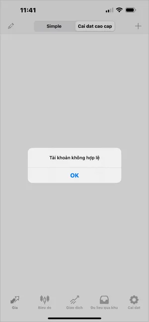 MT4 iOS hiển thị Tài khoản không hợp lệ, thường do sai mật khẩu hoặc chọn sai máy chủ.