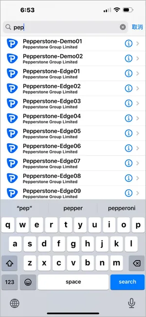 在搜尋框輸入經紀商伺服器名稱 (如 Pepperstone-Edge01) 並點選正確的結果。