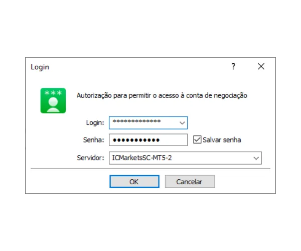 Janela de login do MT5 PC, preencha Login, Senha e selecione o Servidor correto no menu suspenso, depois clique em OK.