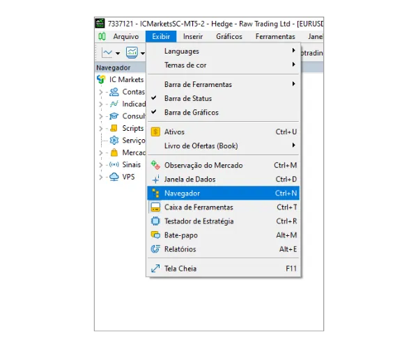 Clique em 'Exibir' no menu principal e selecione 'Navegador' para abrir o painel Navegador.