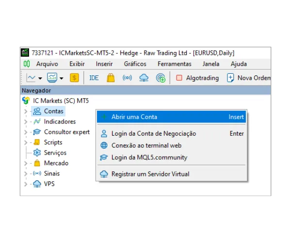 No painel Navegador do MT5, clique com o botão direito em 'Contas' e selecione 'Abrir uma Conta'.
