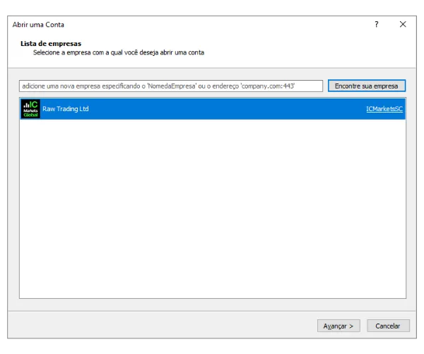 Na janela Abrir uma Conta do MT5, pesquise por uma corretora como a IC Markets e clique em 'Encontre sua empresa'.