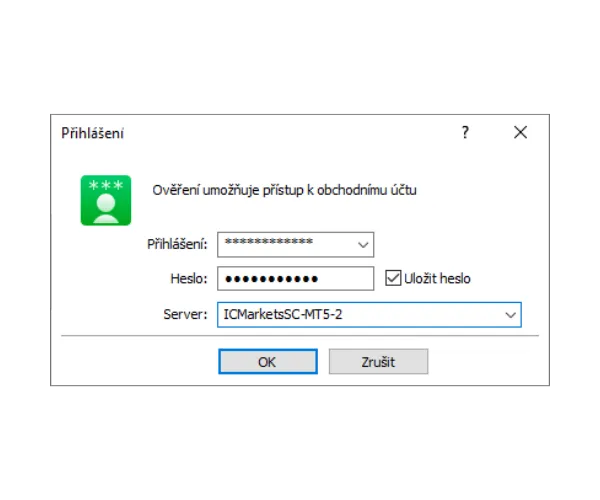 Přihlašovací okno MT5 na PC, vyplňte Přihlášení, Heslo a vyberte správný Server z rozbalovací nabídky, poté klikněte na OK.