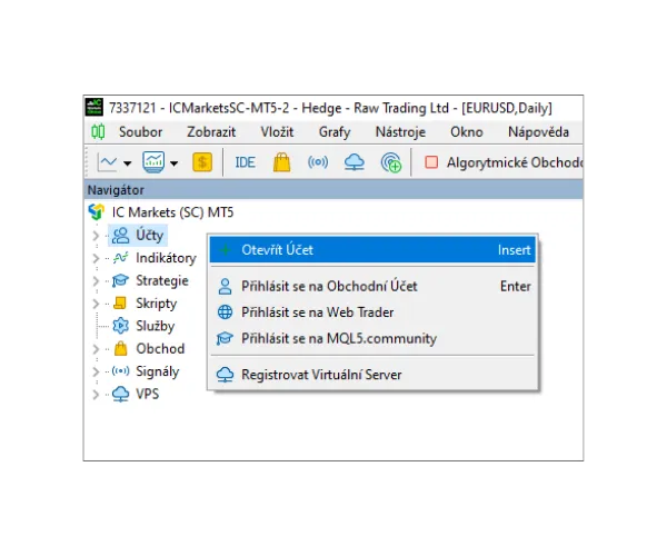 V panelu Navigátor v MT5 klikněte pravým tlačítkem na 'Účty' a vyberte 'Otevřít Účet'.