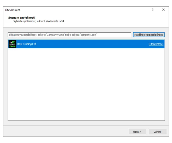 V okně Otevřít účet v MT5 vyhledejte brokera jako IC Markets a klikněte na 'Najděte svou společnost'.