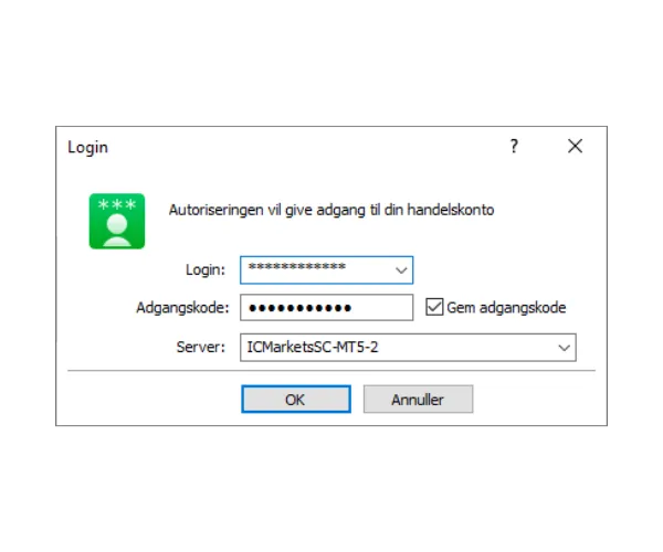MT5 PC login-vindue, udfyld Login, Adgangskode, og vælg den korrekte Server fra rullemenuen, klik derefter på OK.