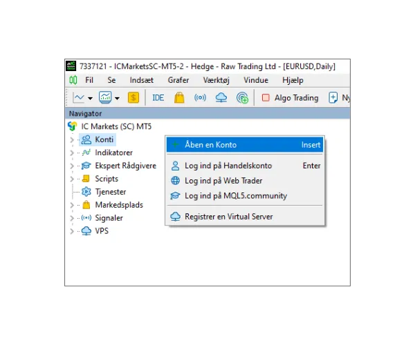 I MT5 Navigator-panelet, højreklik på 'Konti' og vælg 'Åben en Konto'.