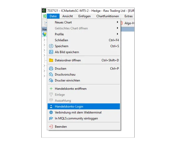 Klicken Sie im Hauptmenü von MT5 PC auf ‚Datei‘ und wählen Sie dann ‚Handelskonto-Login‘.